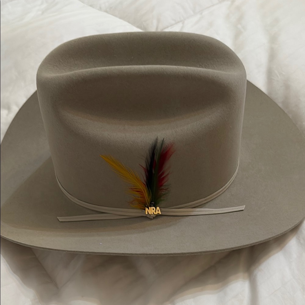 NRA Beige Cowboy Hat with Feather Accent XXXX 7 1/8